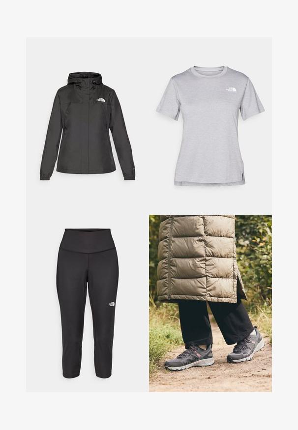 Musta vesitiivis takki, jossa on istuva muotoilu, säädettävä nyöripäällinen ja elastiset hihansuut. Vasemmassa rinnassa logo ja sileä pinta.; Harmaa lyhythihainen t-paita, joka on valmistettu pehmeästä, kosteutta siirtävästä kankaasta. Siinä on pyöreä kaula-aukko ja pieni valkoinen logo vasemmassa yläkulmassa.; Mustat capri-collegehousut, jotka on valmistettu joustavasta kankaasta. Ne sisältävät korkean vyötärön ja pienen valkoisen logon vasemmalla puolella. Silkkinen pinta.; Columbia PEAKFREAK™ II OUTDRY™ - Vaelluskengät - graphite/salmon rose