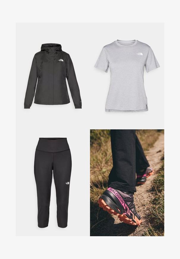 Casaco impermeável preto com design ajustado, capuz com cordão ajustável e punhos elásticos. Apresenta logotipo no lado esquerdo do peito e textura suave.; T-shirt cinza de mangas curtas feito de um tecido suave e que absorve a humidade. Apresenta um decote redondo e um pequeno logotipo branco na parte superior esquerda.; Leggings capri pretos feitos de um tecido elástico, com uma cintura alta e um pequeno logótipo branco no lado esquerdo. Textura suave.; Salomon SPEEDCROSS 6 GTX - Sapatilhas de trail running - moonscape/black/bird of paradise