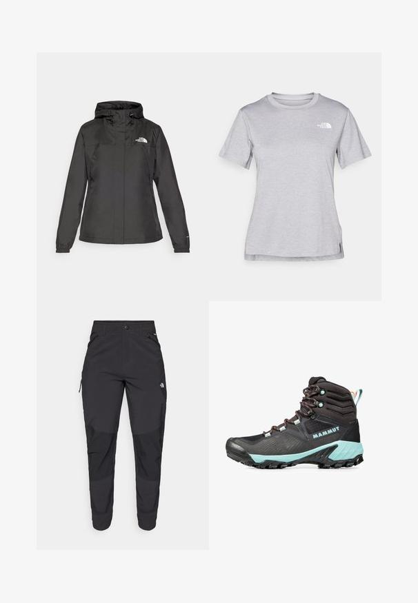 Giacca impermeabile nera con design aderente, cappuccio regolabile con cordino e polsini elasticizzati. Presenta il logo sul petto sinistro e una texture liscia.; T-shirt grigio a maniche corte realizzato in morbido tessuto traspirante. Presenta un collo tondo e un piccolo logo bianco nella parte superiore sinistra.; Pantaloni neri da esterno realizzati in tessuto durevole. Presentano tasche con zip, pannelli rinforzati sulle ginocchia e un design a taglio dritto per la massima mobilità.; Scarponcino da escursionismo nero con punta rinforzata, accenti turchesi, upper testurizzato e suola decorata. Presenta lacci multicolore e una collare imbottito.