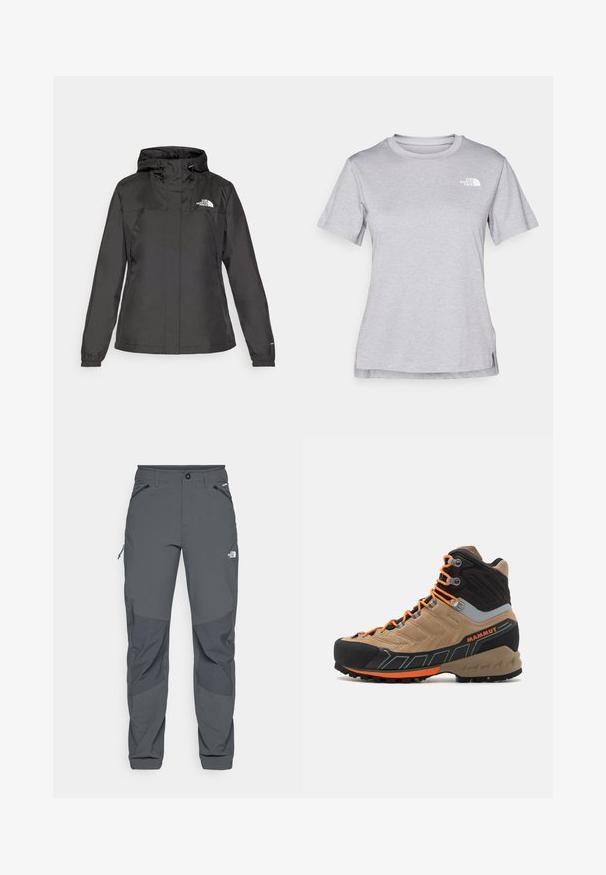 Svart vattentät jacka med en figursydd design, justerbar dragsko i huvan och elastiska ärmslut. Har logotyp på vänster bröst och slät textur.; Grå kortärmad t-shirt i mjukt, fuktavledande tyg. Har en rund halsringning och en liten vit logotyp på övre vänstra sidan.; Mörkgrå utomhusbyxor med förstärkta knäpartier, dragkedjefickor på sidorna och fram, knappstängning och The North Face-logotyp på låret.; Beige och svarta högskaftade vandringsskor med orange snören, gummi tåskydd, texturerad överdel och robust sula. Har förstärkt ankelsupport.