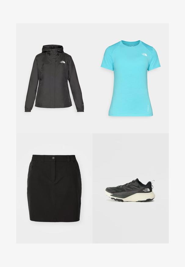 Juodas vandeniui atsparus švarkas su prisiūtu dizainu, reguliuojama pasukimo gobtuvu ir elastingais rankogaliais. Pakabinta logotipas kairėje krūtinės pusėje, sklandžią tekstūrą.; Šviesiai mėlyna trumpomis rankovėmis marškinėliai, pagaminti iš minkštos medžiagos, su apvaliu iškirpimu ir maža baltos spalvos logo viršutiniame kairiajame kampe.; Juoda sijonas su prigludusiu dizainu, pagamintas iš minkštos medžiagos. Turintis priekinį mygtuką, užtrauktuko kišenę ir elastinę juostos dalį patogumui.; Juodas sportinis batas su tekstūruota viršutine dalimi, su pilkomis detalėmis ir baltu viduriu. Apima pakėlimo juostelę ir ryškų prekės ženklo logotipą ant kulno.