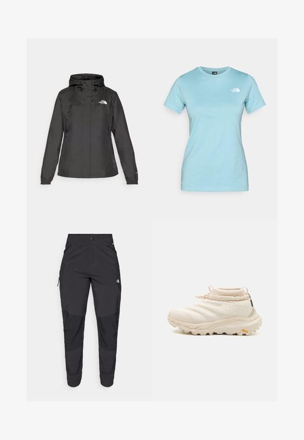 Črna vodoodporna bunda s prilegajočim dizajnom, nastavljivo kapuco z vrvico in elastičnimi manšetami. Ima logotip na levem prsnem delu in gladko teksturo.; Svjetloplava pamučna majica s kratkim rukavima i okruglim izrezom; sadrži mali bijeli logo na gornjem lijevom dijelu grudi.; Črne zunanje hlače iz trpežnega materiala. Imajo žepke na zadrgo, ojačane kolenske dele in ravno krojeno zasnovo za prosto gibanje.; Svetlo bež tene s prešitim gornjim delom, raztegljivim ovratnikom in Vibram podplatom. Ima zanka za poteg in zadrgo. Strukturirana površina.