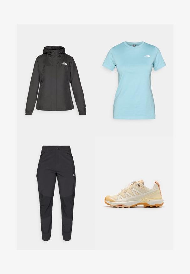 Zwarte waterdichte jas met een aansluitend ontwerp, verstelbare trekkoordkap en elastische manchetten. Heeft een logo op de linkerborst en een gladde textuur.; Lichtblauw katoenen T-shirt met korte mouwen en een ronde hals; voorzien van een klein wit logo op het bovenste linkerborstgebied.; Zwarte outdoorbroek gemaakt van duurzaam materiaal. Voorzien van ritszakken, versterkte knieën en een rechte snit voor optimale bewegingsvrijheid.; Salomon X ULTRA 360 EDGE - Outdoorschoenen - wheat/shortbread/peach quartz