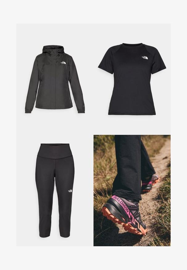 Musta vesitiivis takki, jossa on istuva muotoilu, säädettävä nyöripäällinen ja elastiset hihansuut. Vasemmassa rinnassa logo ja sileä pinta.; Musta lyhythihainen urheilupaita, jossa on pyöreä kaula-aukko ja The North Face -logo vasemmalla rintapielessä.; Mustat capri-collegehousut, jotka on valmistettu joustavasta kankaasta. Ne sisältävät korkean vyötärön ja pienen valkoisen logon vasemmalla puolella. Silkkinen pinta.; Salomon SPEEDCROSS 6 GTX - Maastojuoksukengät - moonscape/black/bird of paradise