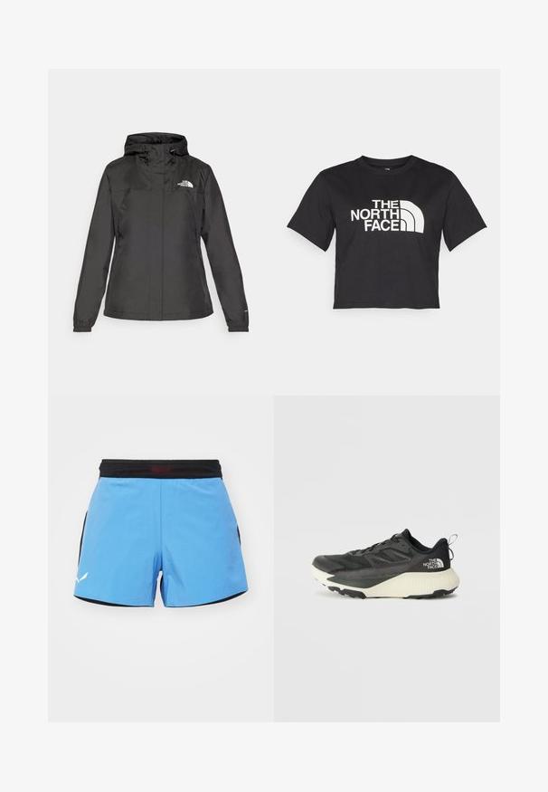Crna vodootporna jakna s uskim krojem, podesivim kapuljačom s vezicom i elastičnim manžetama. Sadrži logo na lijevoj strani prsnog koša i glatku teksturu.; Crni kratki majica od pamuka s bijelim logotipom s zakrivljenim naglasima i tekstom "THE NORTH FACE" sprijeda. Kratki rukavi, okrugli ovratnik.; Svijetloplave atletske kratke hlače s crnim pojasom, koje imaju bočne mrežaste panele i bijeli logotip na rubu. Mekani, brzosušeći materijal.; Crna atletska cipela s teksturiranim gornjim dijelom, sivim detaljima i bijelim međuslojem. Ima držač i istaknutu marku na peti.