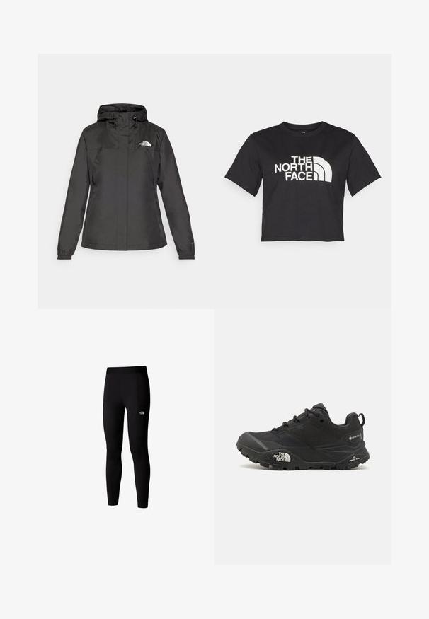Must värvimata jope, millel on vormitud disain, reguleeritav nööriga kapuuts ja elastsed mansetid. Vasakul rinnal on logo ning jope on sileda tekstuuriga.; Must must kleidend t-särk, millel on valge logo ja kõverad aktsendid, esiküljel tekst "THE NORTH FACE". Lühikesed varrukad, ümar kaelus.; Mustad mustad spordilegginsid venivast kangast, laia vööga ja küljetaskutega. Lihtne disain ilma mustrite või dekoratsioonideta.; Mustad matkajalanõud musta värvi, tekstuurse ülemise osa, paeltega kinnituse ja volüümika kummitald, millel on silmapaistev logo külgedel ja mustrimuster.