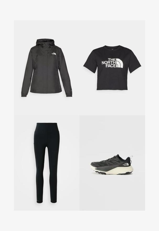 Čierna nepremokavá bunda s priliehavým strihom, nastaviteľnou kapucňou na šnúrku a elastickými manžetami. Obsahuje logo na ľavej hrudi a hladký povrch.; Čierne skrátené tričko z bavlny, s bielym logom s krivkami a textom "THE NORTH FACE" na prednej strane. Krátke rukávy, okrúhly výstrih.; Čierne legíny s vysokým pásom na cvičenie so bočnou kapsou a dĺžkou po členky na bielom pozadí.; Čierna atletická obuv s textúrovaným vrchom, s šedými akcentmi a bielou medzipodrážkou. Obsahuje pútko a výrazné logo značky na päte.