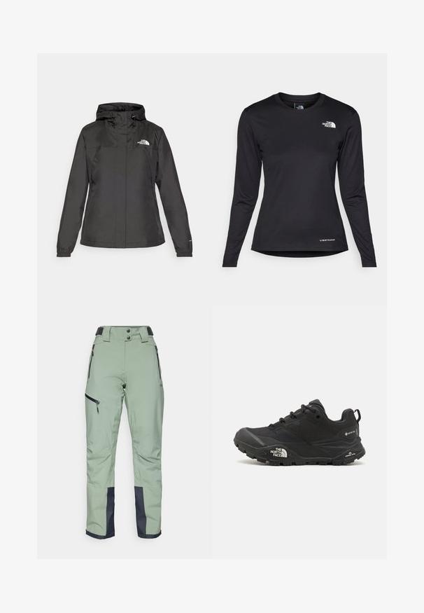 Svart vattentät jacka med en figursydd design, justerbar dragsko i huvan och elastiska ärmslut. Har logotyp på vänster bröst och slät textur.; The North Face SHADOW LONG SLEEVE - Långärmad tröja - black; CMP WOMAN PANT - Skidbyxor - mineral; Svart vandringsskor med en texturerad övre del, snörning och en kraftig gummisula som har en framträdande logotyp på sidan och mönster i sulan.