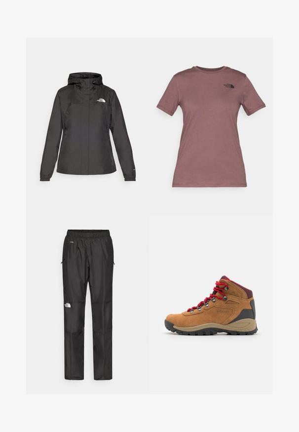 Casaco impermeável preto com design ajustado, capuz com cordão ajustável e punhos elásticos. Apresenta logotipo no lado esquerdo do peito e textura suave.; T-shirt de manga curta e gola redonda em mauve suave, feito de um tecido macio. Apresenta um pequeno logótipo preto no lado superior esquerdo do peito.; Calças pretas à prova d'água feitas de um tecido leve, com cintura elástica, bolsos laterais e um logótipo na perna esquerda.; Bota de caminhada em camurça castanha com atacadores vermelhos, sola de borracha preta, detalhes em cinza e suporte acolchoado para o tornozelo. Apresenta ilhós de metal e detalhe do logótipo.