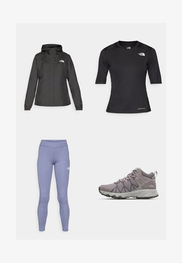Sort vandtæt jakke med en tætsiddende design, justerbar snoretrækhætte og elastiske manchetter. Har logo på venstre bryst og glat tekstur.; Sort kortærmet træningsskjorte lavet af struktureret materiale, med rund hals og The North Face-logoet i hvidt på venstre bryst.; Blå atletiske leggings lavet af blødt, strækbart stof. Har en høj talje og et lille hvidt logo på venstre lår.; Lys lilla vandresko med mesh og syntetisk overdel, teksturerede mønstre på siderne, polstret mellemsål og robust gummiydersål.