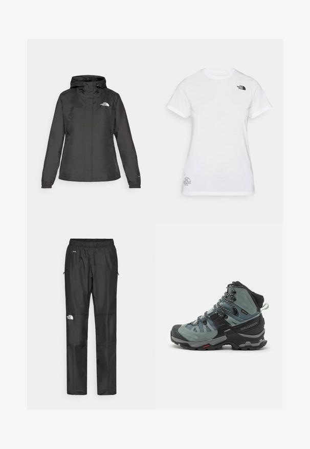 Svart vanntett jakke med en tettsittende design, justerbar snøring i hetten og elastiske mansjetter. Har logo på venstre bryst og en glatt tekstur.; Hvit bomull T-skjorte med en svart logo på venstre bryst og et grått grafisk design nederst til høyre. Klassisk rund hals og korte ermer.; Sorte vanntette bukser laget av lettvektig stoff, med elastisk midjebånd, sidelommer og en logo på venstre ben.; Høye fjellstøvler i grå-blå, med overdel i semsket skinn og mesh, med svarte detaljer, knyttede lisser og en robust såle for godt grep.