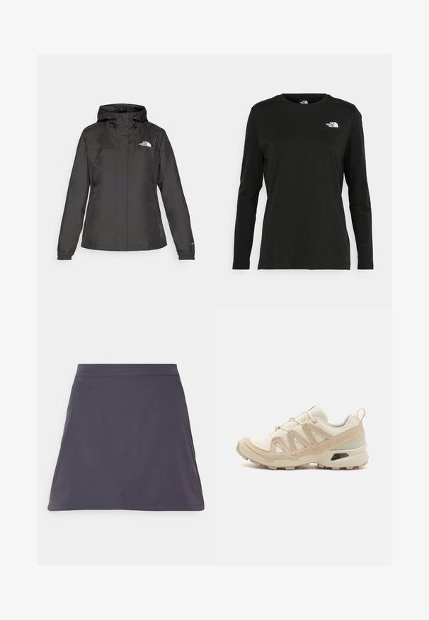 Zwarte waterdichte jas met een aansluitend ontwerp, verstelbare trekkoordkap en elastische manchetten. Heeft een logo op de linkerborst en een gladde textuur.; Zwart langsluiting T-shirt van katoen met een ronde hals. Heeft een klein wit logo op de linkerkant van de borst. Eenvoudig ontwerp en pasvorm.; Donkergrijze A-lijn rok van zachte stof, met een gladde textuur en een eenvoudig, strak ontwerp zonder zichtbare patronen of accenten.; Beige en crème sportschoen met een textuur-mesh bovenwerk, ondersteunende overlays en een rubberen zool met een profielpatroon voor grip.