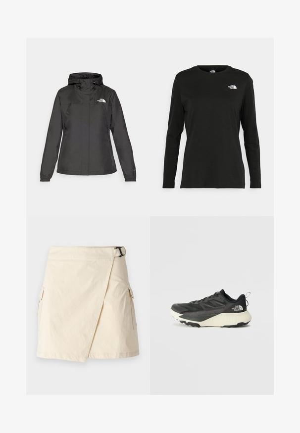 Black waterproof jacket with a fitted design, adjustable drawstring hood, and elastic cuffs. Features logo on left chest and smooth texture.; Black long-sleeve t-shirt made of cotton with a round neck. Features a small white logo on the left chest area. Simple design and fit.; Beige wrap skirt made from lightweight fabric, featuring a side buckle, two cargo pockets, and a clean hem.; Black athletic shoe with a textured upper, featuring gray accents and a white midsole. Includes a pull tab and prominent brand logo on the heel.