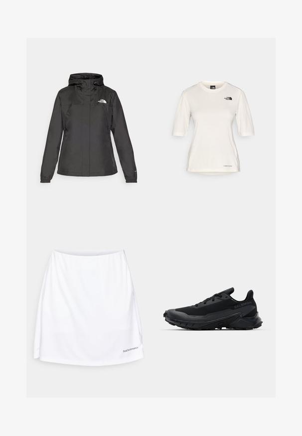 Fekete vízálló dzseki, passzos fazonnal, állítható húzózsinórral ellátott kapucnival és elasztikus mandzsettákkal. Bal mellen logóval és sima textúrával rendelkezik.; The North Face SHADOW SHORT SLEEVE - Sportfelső - white dune; Fehér sport szoknya sima textúrával, széles derékpánttal és egy logóval az alsó jobb sarokban. Laza fazonja kényelmet biztosít.; Fekete futócipő texturált gumitalppal, légáteresztő felső anyaggal és lapos fűzőkkel. Támogató sarokkal és karcsú dizájnnal rendelkezik.
