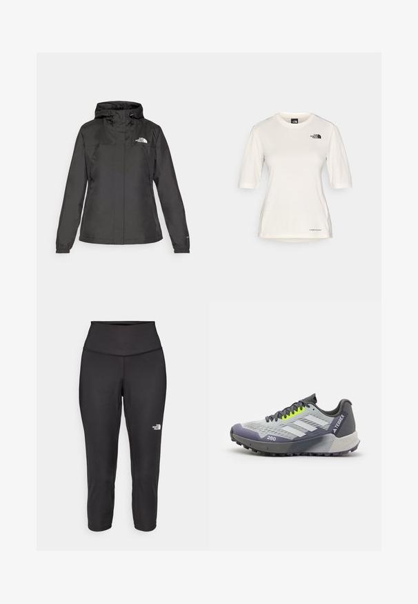 Giacca impermeabile nera con design aderente, cappuccio regolabile con cordino e polsini elasticizzati. Presenta il logo sul petto sinistro e una texture liscia.; The North Face SHADOW SHORT SLEEVE  - T-Shirt sport - white dune; Leggings capri neri realizzati in tessuto elastico, dotati di un alto punto vita e un piccolo logo bianco sul lato sinistro. Texture liscia.; adidas Terrex AGRAVIC FLOW 2.0 - Scarpe da trail running - silver/crystal white/lucid lemon