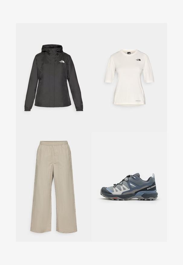 Svart vanntett jakke med en tettsittende design, justerbar snøring i hetten og elastiske mansjetter. Har logo på venstre bryst og en glatt tekstur.; The North Face SHADOW SHORT SLEEVE - T-skjorte til trening - white dune; Videbukser i lys beige stof med elastisk talje, glat tekstur og uden synlige hardware eller mønstre.; Salomon X ULTRA 360 - Fjellsko - sharkskin/grisaille/stonewash