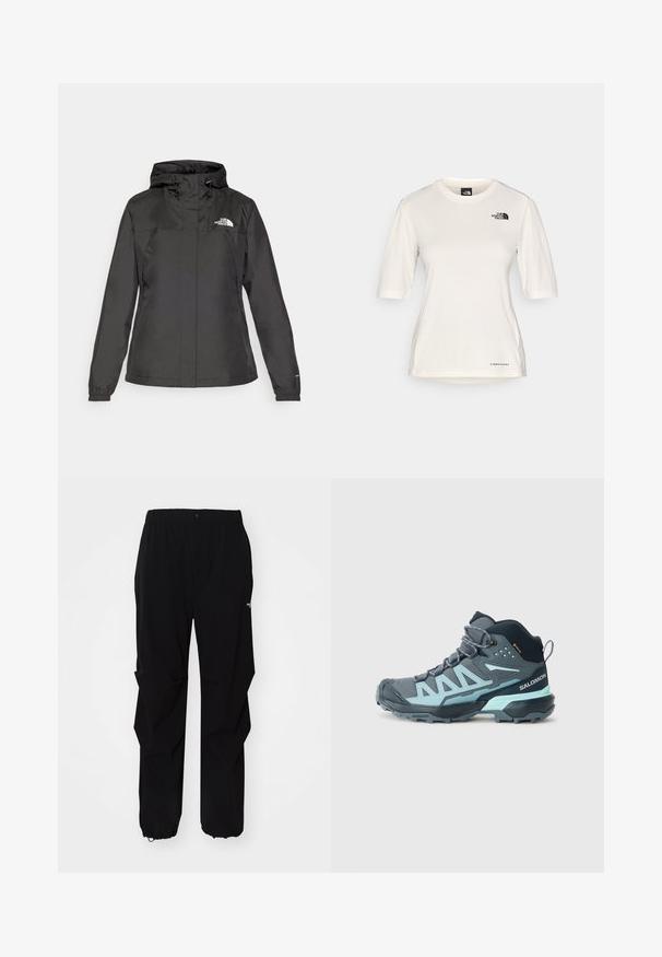 Svart vanntett jakke med en tettsittende design, justerbar snøring i hetten og elastiske mansjetter. Har logo på venstre bryst og en glatt tekstur.; The North Face SHADOW SHORT SLEEVE - T-skjorte til trening - white dune; Sorte utendørsbukser laget av slitesterkt materiale, med en avslappet passform, elastisk midjebånd og stramme mansjetter for justerbar lengde.; Middelska støvel for fotturer i mørkegrått med lyseblå detaljer. Den har et teksturert overdel, forsterket tå og en robust såle for godt grep.