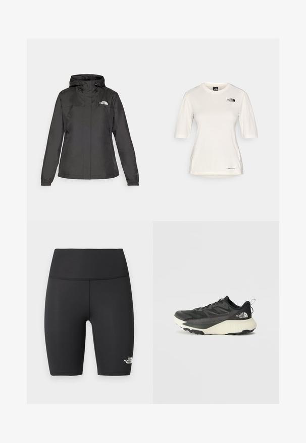 Musta vesitiivis takki, jossa on istuva muotoilu, säädettävä nyöripäällinen ja elastiset hihansuut. Vasemmassa rinnassa logo ja sileä pinta.; The North Face SHADOW SHORT SLEEVE - Tekninen t-paita - white dune; Mustat, korkeat urheilulliset pyöräilyshortsit, joissa on litteät saumat ja The North Face -logo alemmassa vasemmassa lahkeessa.; Musta urheilukengä, jossa on teksturoitu päällinen, harmaita yksityiskohtia ja valkoinen välipohja. Sisältää vetotagin ja näkyvän tuotemerkin logon kantapäässä.