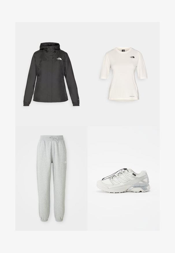 Zwarte waterdichte jas met een aansluitend ontwerp, verstelbare trekkoordkap en elastische manchetten. Heeft een logo op de linkerborst en een gladde textuur.; The North Face SHADOW SHORT SLEEVE - Sport T-shirt - white dune; Grijze sweatpants met een elastische tailleband en trekkoord. De stof is zacht, met elastische boorden bij de enkels en een logodetail.; Witte sportieve schoen met een textuur van gaas bovenwerk, reflecterende accenten en een gevoerde zool. Voorzien van elastische veters en grijze details.