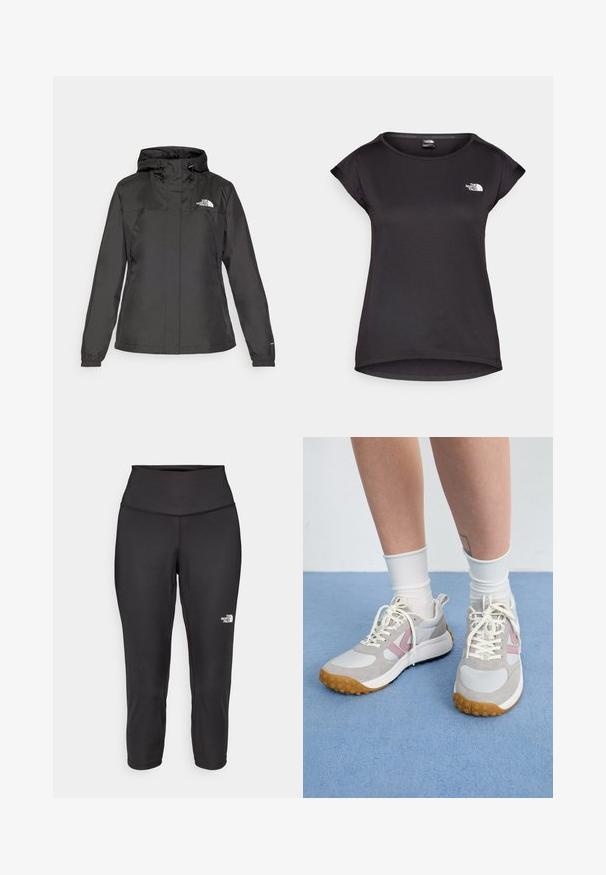 Black waterproof jacket with a fitted design, adjustable drawstring hood, and elastic cuffs. Features logo on left chest and smooth texture.; The North Face TANKEN TANK  - Sports T-shirt - black; Black capri leggings made from stretchy fabric, featuring a high waistband and a small white logo on the left side. Smooth texture.; Light gray sneakers with pink accents, white leather panels, and a textured rubber sole. Laces are cream, and socks are white.