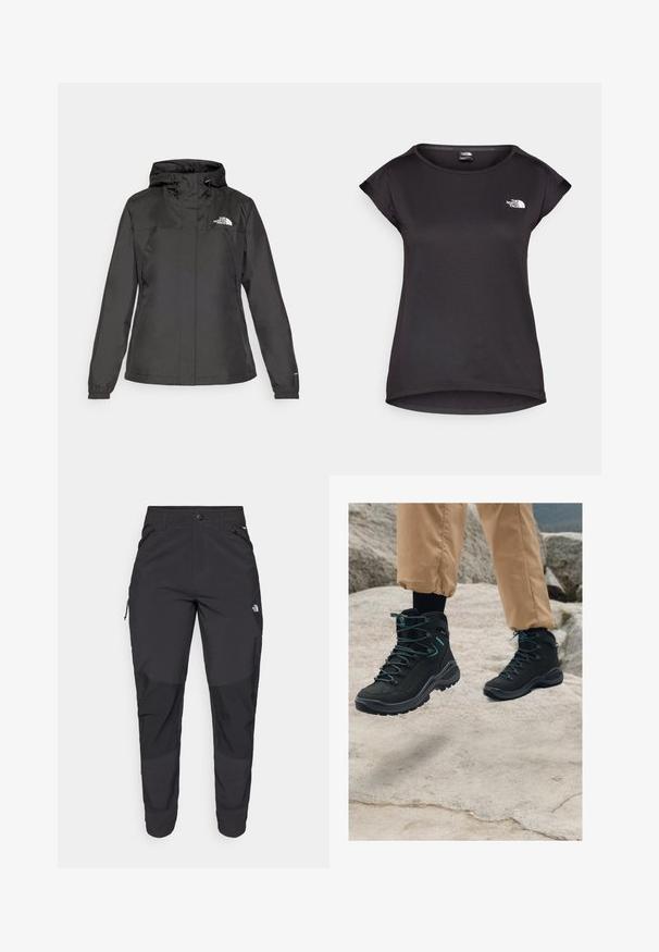 Black waterproof jacket with a fitted design, adjustable drawstring hood, and elastic cuffs. Features logo on left chest and smooth texture.; The North Face TANKEN TANK - Sports T-shirt - black; Black outdoor pants made of durable fabric. Feature zippered pockets, reinforced knee panels, and a straight cut design for mobility.; Black hiking boots with textured material, sturdy design, blue accent details, and durable soles, positioned on rocky terrain.