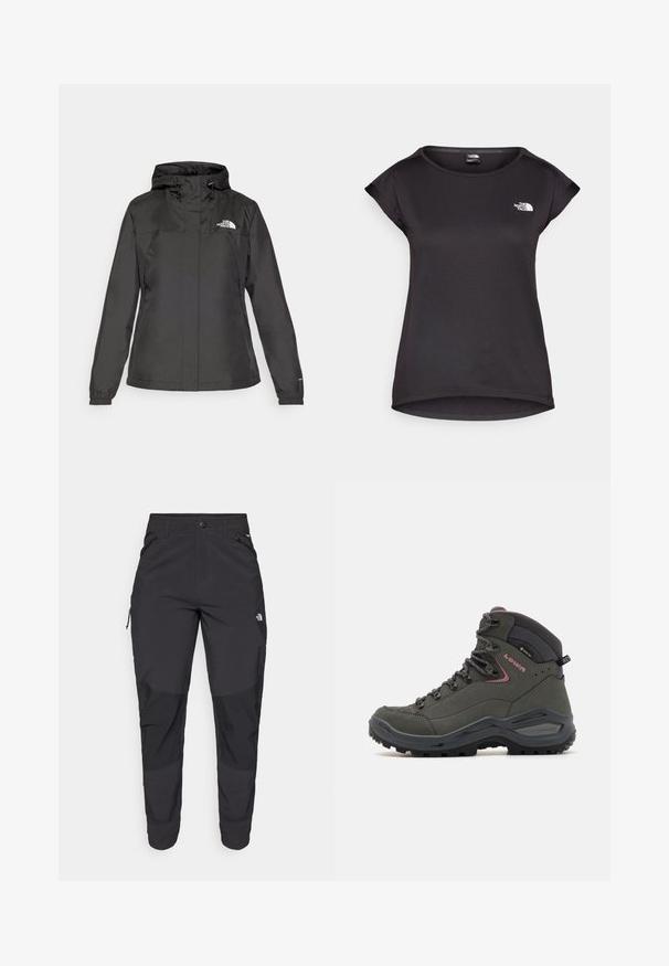 Crna vodootporna jakna s uskim krojem, podesivim kapuljačom s vezicom i elastičnim manžetama. Sadrži logo na lijevoj strani prsnog koša i glatku teksturu.; The North Face TANKEN TANK - Sportska majica - black; Crne vanjske hlače izrađene od izdržljivog materijala. Imaju džepove sa zatvaračem, ojačane paneli na koljenima i ravni kroj za slobodu pokreta.; Zeleni planinarski čizmi s visokim gležnjem, izrađeni od kože i sintetičkog materijala, gumeni potplat i metalni rupici za vezice. Minimalni detalji.