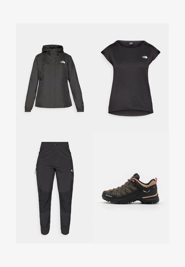Svart vanntett jakke med en tettsittende design, justerbar snøring i hetten og elastiske mansjetter. Har logo på venstre bryst og en glatt tekstur.; The North Face TANKEN TANK - T-skjorte til trening - black; Svart utendørsbukser laget av slitesterkt stoff. Har glidelåslommer, forsterkede knær og en rett skjæring for bevegelighet.; Svart og brun tursko med mesh overdel, røde detaljer, forsterket tå og en teksturert gummisåle for grep.