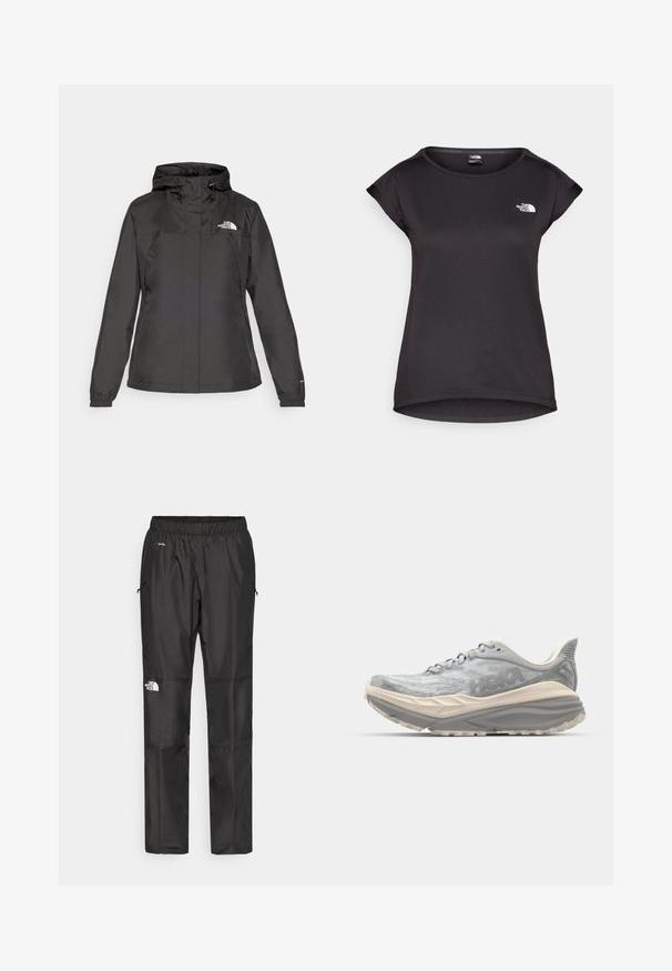 Casaco impermeável preto com design ajustado, capuz com cordão ajustável e punhos elásticos. Apresenta logotipo no lado esquerdo do peito e textura suave.; The North Face TANKEN TANK - T-shirt desportiva - black; Calças pretas à prova d'água feitas de um tecido leve, com cintura elástica, bolsos laterais e um logótipo na perna esquerda.; Sapatilha de corrida cinza claro com um topo de malha texturada, sola espessa e almofadada, e calcanhar reforçado. Apresenta atacadores planos e um logótipo discreto.