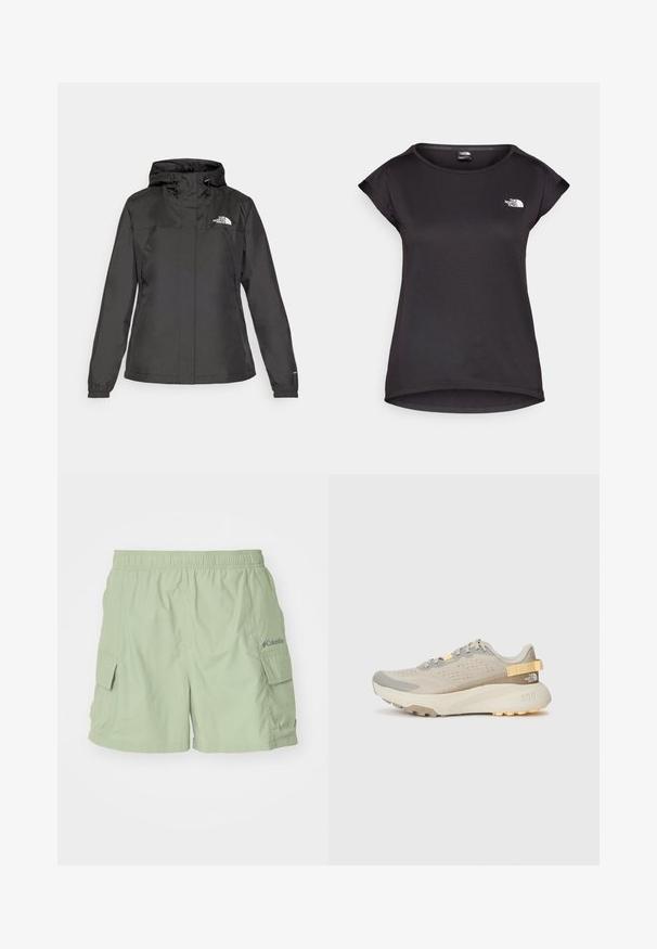 Svart vanntett jakke med en tettsittende design, justerbar snøring i hetten og elastiske mansjetter. Har logo på venstre bryst og en glatt tekstur.; The North Face TANKEN TANK - T-skjorte til trening - black; Lysegrøn cargo-shorts med elastisk talje, sidelommer og et lille Columbia-logo på højre side. Letvægtsstof.; Lys beige løpesko med et teksturert mesh-overdel, grå aksenter, slitesterk gummisåle og en bakre grep for enkel påføring.