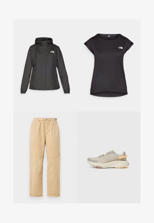 Must värvimata jope, millel on vormitud disain, reguleeritav nööriga kapuuts ja elastsed mansetid. Vasakul rinnal on logo ning jope on sileda tekstuuriga.; The North Face TANKEN TANK - Spordi T-särk - black; Beige puuvillased püksid lõdva istuvusega, elastse vöökoha, küljetaskute ja tugevdusõmblustega põlvedel vastupidavuse tagamiseks.; Heledad hall jooksujalats, millel on tekstuuriga võrkkate, hallid aktsendid, vastupidav kummist tald ja tagumine tõmbenupp mugavaks jalga panemiseks.
