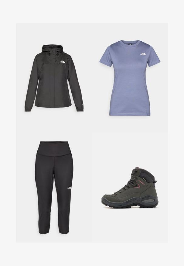 Crna vodootporna jakna s uskim krojem, podesivim kapuljačom s vezicom i elastičnim manžetama. Sadrži logo na lijevoj strani prsnog koša i glatku teksturu.; Svijetloplavi kratkotrgac s kratkim rukavima od pamuka, s okruglim izrezom i malim bijelim logotipom na prsima. Glatka tekstura.; Crne capri tajice izrađene od rastezljivog materijala, s visokim strukom i malim bijelim logotipom s lijeve strane. Glatka tekstura.; Zeleni planinarski čizmi s visokim gležnjem, izrađeni od kože i sintetičkog materijala, gumeni potplat i metalni rupici za vezice. Minimalni detalji.