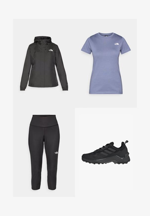 Casaco impermeável preto com design ajustado, capuz com cordão ajustável e punhos elásticos. Apresenta logotipo no lado esquerdo do peito e textura suave.; T-shirt de manga curta lilás, feito de algodão, com decote redondo e um pequeno logótipo branco no peito. Textura suave.; Leggings capri pretos feitos de um tecido elástico, com uma cintura alta e um pequeno logótipo branco no lado esquerdo. Textura suave.; Sapatilha atlética preta com um upper em malha, design de três riscas, calcanhar moldado e sola resistente com cravos de tração proeminentes.