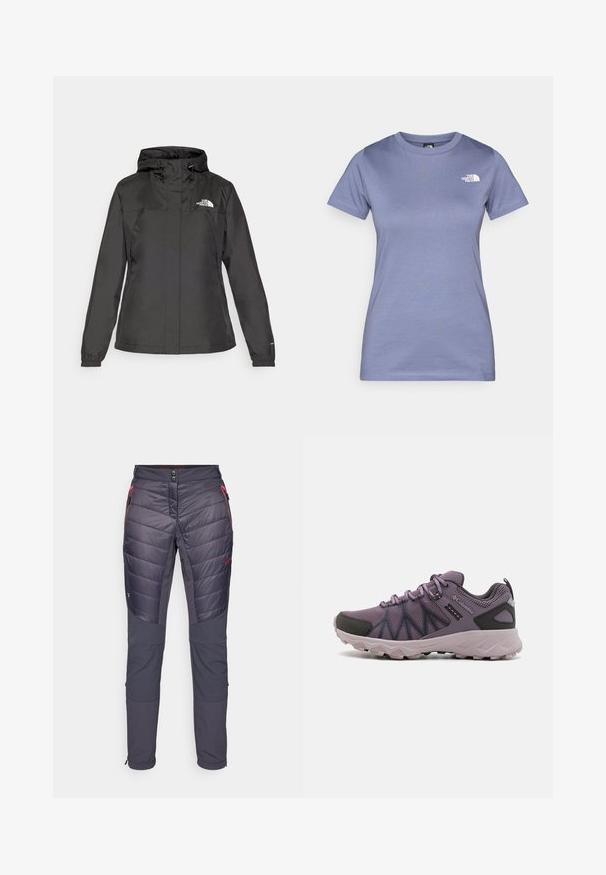 Crna vodootporna jakna s uskim krojem, podesivim kapuljačom s vezicom i elastičnim manžetama. Sadrži logo na lijevoj strani prsnog koša i glatku teksturu.; Svijetloplavi kratkotrgac s kratkim rukavima od pamuka, s okruglim izrezom i malim bijelim logotipom na prsima. Glatka tekstura.; CMP WOMAN PANT HYBRID - Hlače za otvoreno - antracite-corallo; Lagani ljubičasti planinarski cipeli s mrežastim gornjim dijelom, crnim akcentima, podstavljenim potplatom i robusnim zahvatom za prianjanje.