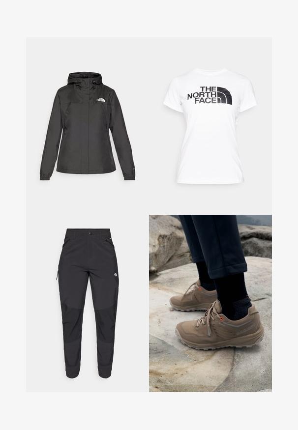 Juodas vandeniui atsparus švarkas su prisiūtu dizainu, reguliuojama pasukimo gobtuvu ir elastingais rankogaliais. Pakabinta logotipas kairėje krūtinės pusėje, sklandžią tekstūrą.; Balta medvilnės marškinėliai su juodu grafiniu spaudiniu "THE NORTH FACE" logotipo ant priekio. Trumpomis rankovėmis ir apvalia iškirpte.; Juodos lauko kelnės, pagamintos iš patvarios medžiagos. Turi užtraukiamas kišenes, sustiprintus kelio plotus ir tiesią konstrukciją, leidžiančią laisvai judėti.; Smėlio spalvos žygio batai, pagaminti iš zomšos ir tinklelio, su pilkais akcentais ir ryškiais oranžiniais akių elementais. Šone matoma Gore-Tex prekės ženklo žyma.