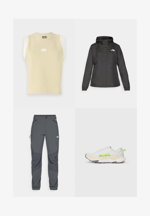 Giacca impermeabile nera con design aderente, cappuccio regolabile con cordino e polsini elasticizzati. Presenta il logo sul petto sinistro e una texture liscia.; Top senza maniche in cotone giallo pastello con scollatura rotonda. Presenta pannelli nella parte delle spalle in crema a contrasto e un logo testurizzato sul petto.; Pantaloni outdoor grigio scuro con toppe rinforzate sulle ginocchia, tasche laterali e frontali con zip, chiusura con bottone e logo The North Face sulla coscia.; Scarpa da ginnastica bianca con tomaia testurizzata, logo verde "HOKA" e suola grigia. Presenta un collare imbottito e un design leggero.
