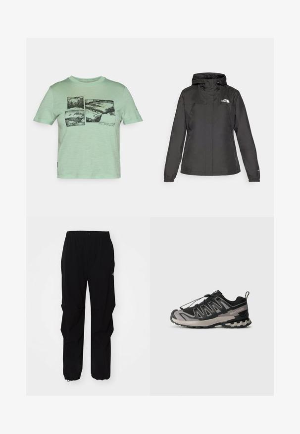 Sort vandtæt jakke med en tætsiddende design, justerbar snoretrækhætte og elastiske manchetter. Har logo på venstre bryst og glat tekstur.; MInt grøn t-shirt i blødt stof, med et sort grafisk design af sceniske landskaber fordelt over fire paneler foran.; Sorte udendørsbukser lavet af slidstærkt materiale, med en afslappet pasform, elastisk talje og tilpassede lukninger ved anklerne for justerbar længde.; Sort og grå atletiksko med overdel i mesh, gummisål og elastisk snøresystem. Har forstærket tå og teksturerede detaljer.