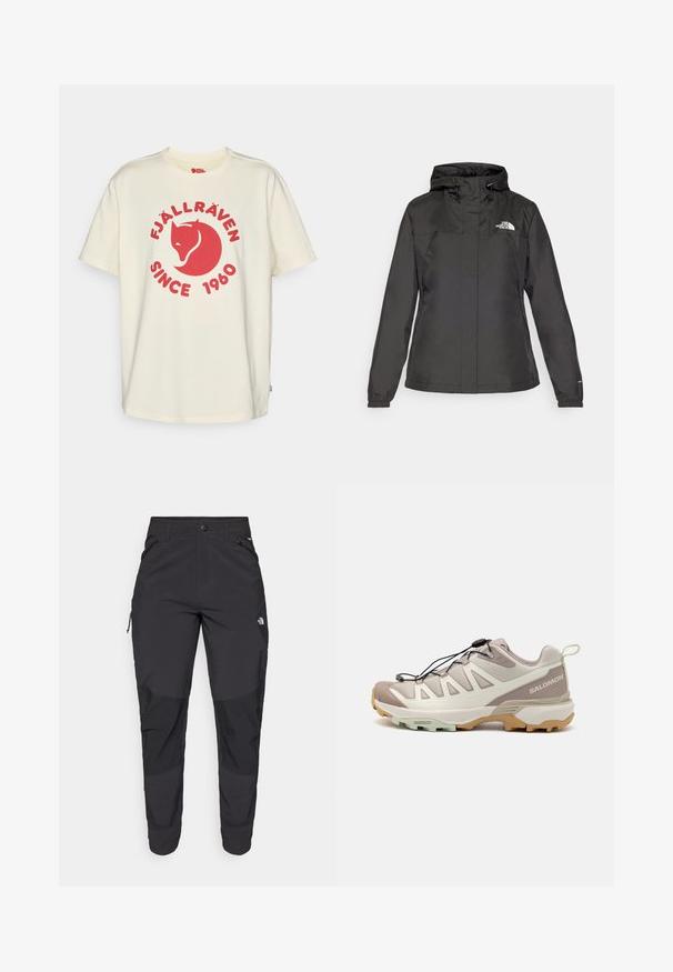 Black waterproof jacket with a fitted design, adjustable drawstring hood, and elastic cuffs. Features logo on left chest and smooth texture.; Cream-colored cotton t-shirt featuring a red graphic with a fox emblem, text reading "Fjällräven Since 1960," and a small accent at the hem.; Black outdoor pants made of durable fabric. Feature zippered pockets, reinforced knee panels, and a straight cut design for mobility.; Lightweight trail shoe with a beige and gray mesh upper, black laces, and a flexible rubber outsole in tan and mint green. Subtle branding present.