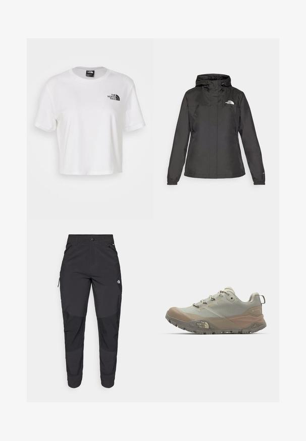 Svart vanntett jakke med en tettsittende design, justerbar snøring i hetten og elastiske mansjetter. Har logo på venstre bryst og en glatt tekstur.; Hvit avkortet t-skjorte laget av bomull med rund hals og korte ermer. Har en svart logo på venstre bryst.; Svart utendørsbukser laget av slitesterkt stoff. Har glidelåslommer, forsterkede knær og en rett skjæring for bevegelighet.; Lys grå sportssko med beige aksenter, laget av syntetisk materiale. Har en robust såle, snøring, og merking på siden.