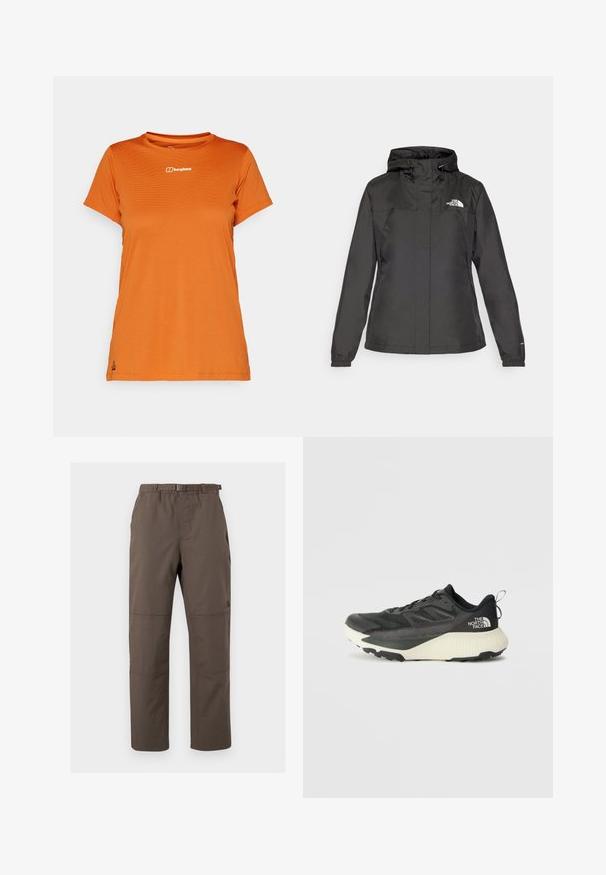Casaco impermeável preto com design ajustado, capuz com cordão ajustável e punhos elásticos. Apresenta logotipo no lado esquerdo do peito e textura suave.; T-shirt laranja de manga curta feita de tecido texturizado, com um pequeno logótipo branco no peito e uma barra reta.; Calças de exterior castanhas com uma cintura elástica e cinto ajustável. Apresentam costuras em painel e um design de perna reta. Tecido durável.; Shoe atlético preto com um cabedal texturizado, apresentando detalhes em cinza e uma entressola branca. Inclui uma alça e um logótipo da marca em destaque no calcanhar.