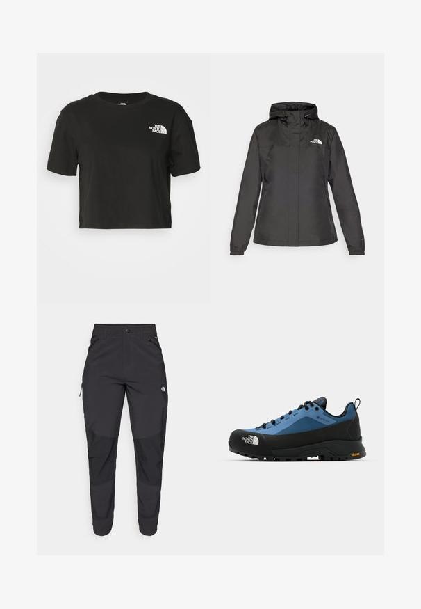 Fekete vízálló dzseki, passzos fazonnal, állítható húzózsinórral ellátott kapucnival és elasztikus mandzsettákkal. Bal mellen logóval és sima textúrával rendelkezik.; Fekete, rövid fazonú pamut póló. Kerek nyakkivágással és rövid ujjakkal rendelkezik, bal oldalon fehér logóval az mellkas területén.; Fekete kültéri nadrág tartós anyagból. Cipzáros zsebekkel, megerősített térdpanellel és egyenes szabással a mozgékonyságért.; Kék és fekete túracipők, amelyek vízálló kialakítással, textúrált anyaggal és gumi Vibram talppal rendelkeznek a jobb tapadás és tartósság érdekében.