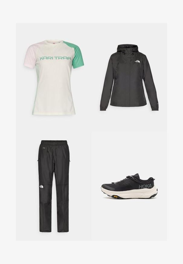 Črna vodoodporna bunda s prilegajočim dizajnom, nastavljivo kapuco z vrvico in elastičnimi manšetami. Ima logotip na levem prsnem delu in gladko teksturo.; Majica s kratkimi rokavi za šport, z rebrasto teksturo. Barve vključujejo svetlo roza, zeleno in belo. Ponuja drzna črka "KARI TRAA" v smaragdno zeleni.; Črne nepremočljive hlače iz lahkega materiala, z elastičnim pasom, stranskimi žepi in logotipom na levi nogi.; Črne športne copate z zračnim mrežastim zgornjim delom, gumijastim podplatom, belim blažilnim srednjim podplatom in odbojnimi vezalkami. Vibram logo na podplatu.