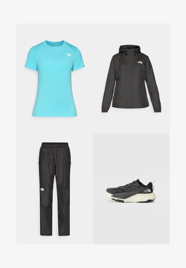 Črna vodoodporna bunda s prilegajočim dizajnom, nastavljivo kapuco z vrvico in elastičnimi manšetami. Ima logotip na levem prsnem delu in gladko teksturo.; Svetlo modra majica s kratkimi rokavi iz mehke tkanine, z okroglo ovratnikom in majhnim belim logotipom na zgornji levi strani.; Črne nepremočljive hlače iz lahkega materiala, z elastičnim pasom, stranskimi žepi in logotipom na levi nogi.; Črne atletske čevlje z teksturiranim zgornjim delom, ki imajo sivo obrobo in belo srednjo podplat. Vključujejo zanko za vprego in izstopajočo blagovno znamko na peti.