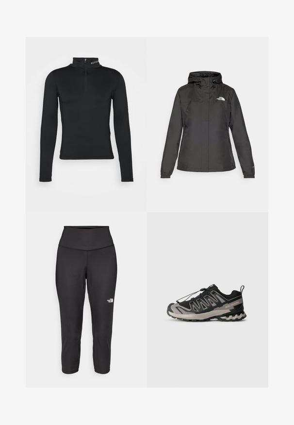 Schwarze wasserdichte Jacke mit figurschmeichelndem Design, verstellbarem Zugkordel-Kapuzen und elastischen Bündchen. Mit Logo auf der linken Brust und glatter Textur.; Schwarzes langärmliges Basisschicht-Oberteil mit hohem Kragen und Viertel-Reißverschluss. Glatte Textur und enganliegendes Design für optimierte Leistung.; Schwarze Capri-Leggings aus dehnbarem Stoff mit einem hohen Bund und einem kleinen weißen Logo auf der linken Seite. Glatte Textur.; Schwarzer und grauer Sportschuh mit einem Obermaterial aus Mesh, Gummisohle und elastischem Schnürsystem. Verfügt über eine verstärkte Zehenkappe und strukturierte Akzente.