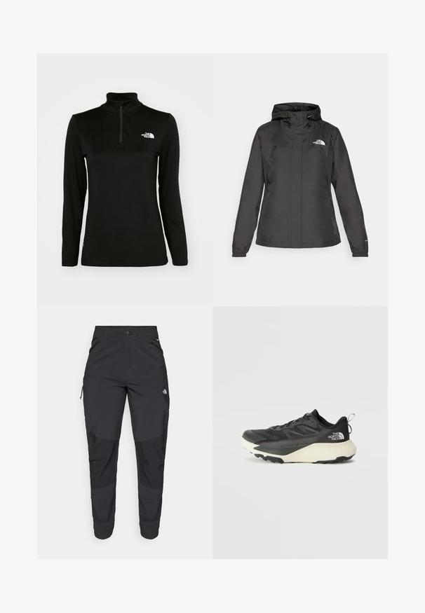 Melna ūdensizturīga jaka ar pieguļošu dizainu, regulējamu kapuci ar stringa aizdari un elastīgām aprocēm. Iekļauj logotipu kreisajā krūtī un gludu tekstūru.; Melnā garā piedurkne puloveris ar augstu apkakli un ceturtdaļas rāvējslēdzēju, izgatavots no gludas auduma, ar baltu logo kreisajā krūtīs.; Melnas āra bikses, kas izgatavotas no izturīgas auduma. Tām ir kabatas ar rāvējslēdzējiem, pastiprināti ceļu paneļi un taisna griezuma dizains, kas nodrošina kustību brīvību.; Melna sporta kurpe ar teksturētu augšdaļu, kurai ir pelēki akcenti un balts vidusdaļa. Ietver vilkšanas cilpu un izteiktu zīmola logo uz papēža.