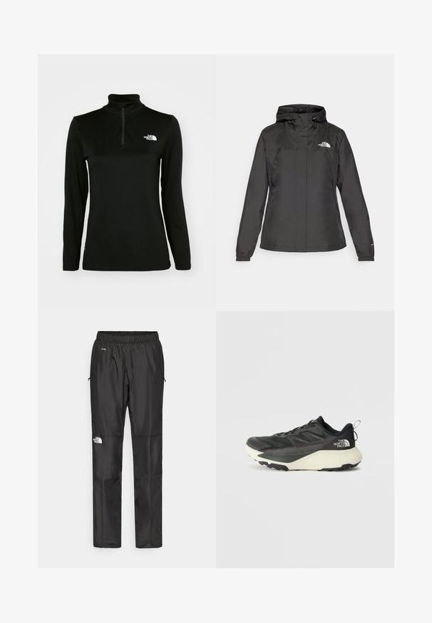 Must värvimata jope, millel on vormitud disain, reguleeritav nööriga kapuuts ja elastsed mansetid. Vasakul rinnal on logo ning jope on sileda tekstuuriga.; Must mustaga pikkade varrukatega pullover kõrge kaelusega ja veerandzipiga, valmistatud siledast kangast, sel vasakul rinnal on valge logo.; Mustad veepidavad püksid, mis on valmistatud kergest kangast, elastse vöökoha, küljetaskute ja logo kahel jalal.; Musty mustusjalats musta pealisega, millel on tekstuur, hallid aktsendid ja valge vaheosa. Sisaldab tõmbeosa ning silmapaistvat brändi logo kandadel.