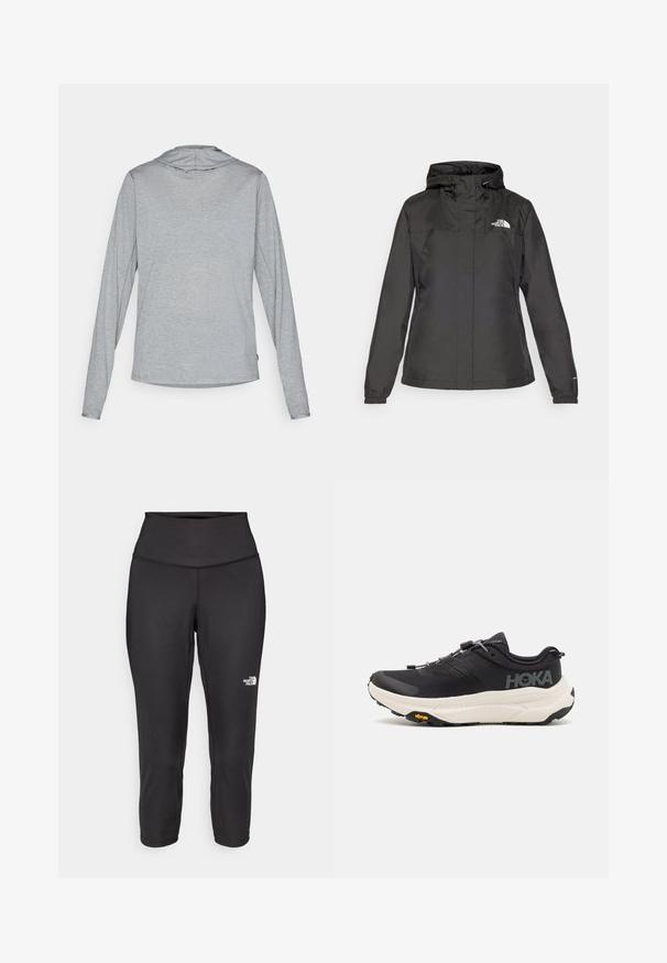 Čierna nepremokavá bunda s priliehavým strihom, nastaviteľnou kapucňou na šnúrku a elastickými manžetami. Obsahuje logo na ľavej hrudi a hladký povrch.; Mikina s dlhým rukávom v svetlo šedej farbe, vyrobená z mäkkej, textúrovanej tkaniny. Kapucňový dizajn s uvoľneným strihom a zaobleným lemom.; Čierne capri legíny vyrobené z elastickej tkaniny, s vysokým pásom a malým bielym logom na ľavej strane. Hladká textúra.; Čierne športové topánky s priedušným sieťovým zvrškom, gumovou podrážkou, bielou tlmiacou medzipodrážkou a reflexnými šnúrkami. Logo Vibram na podrážke.