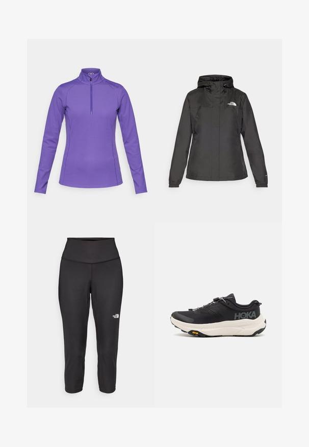 Casaco impermeável preto com design ajustado, capuz com cordão ajustável e punhos elásticos. Apresenta logotipo no lado esquerdo do peito e textura suave.; Camisa de manga longa roxa com gola alta e um meio fecho. Feita de um tecido liso e elástico, com costuras planas e detalhes do logotipo no ombro.; Leggings capri pretos feitos de um tecido elástico, com uma cintura alta e um pequeno logótipo branco no lado esquerdo. Textura suave.; Ténis de desporto pretos com um cabedal em malha respirável, sola de borracha, entressola branca com amortecimento e atacadores refletivos. Logótipo Vibram na sola.