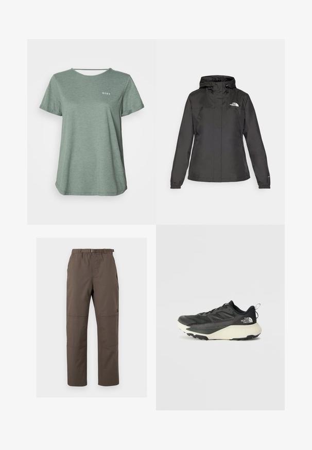 Juodas vandeniui atsparus švarkas su prisiūtu dizainu, reguliuojama pasukimo gobtuvu ir elastingais rankogaliais. Pakabinta logotipas kairėje krūtinės pusėje, sklandžią tekstūrą.; Žalia trumpomis rankovėmis marškinėlių su apvalia iškirpte ir Roxy logotipu, atspausdintu baltos spalvos. Pagaminti iš švelnaus, tekstūruoto audinio su laisvu siluetu.; Rudos lauko kelnės su elastinga juosmens juosta ir reguliuojama diržo sagtimi. Sukurtos su panelių siuvinėjimu ir tiesiomis kojomis. Patvari medžiaga.; Juodas sportinis batas su tekstūruota viršutine dalimi, su pilkomis detalėmis ir baltu viduriu. Apima pakėlimo juostelę ir ryškų prekės ženklo logotipą ant kulno.