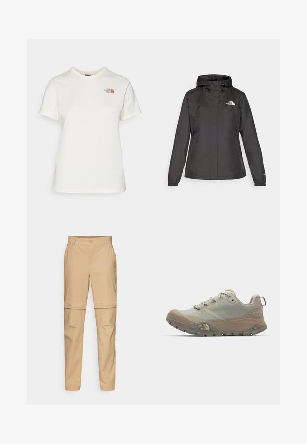 Crna vodootporna jakna s uskim krojem, podesivim kapuljačom s vezicom i elastičnim manžetama. Sadrži logo na lijevoj strani prsnog koša i glatku teksturu.; Pamučna majica u boji slonovače s kratkim rukavima. Sadrži logo "The North Face" u smeđoj boji na lijevoj strani prsnog koša. Klasični okrugli izrez.; Bež hlače s zatvaračem koje se mogu ukloniti, s ravnim prednjim dijelom, zatvaranjem na gumb i suženim nogavicama. Izrađene od lagane tkanine s glatkom teksturom.; Svijetlosiva atletska cipela s bež naglascima, izrađena od sintetičkog materijala. Ima robustan potplat, dizajn na vezanje i branding sa strane.