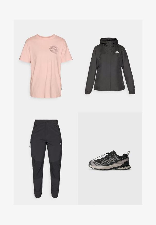 Fekete vízálló dzseki, passzos fazonnal, állítható húzózsinórral ellátott kapucnival és elasztikus mandzsettákkal. Bal mellen logóval és sima textúrával rendelkezik.; Világos rózsaszín pamut póló rövid ujjakkal, kerek nyakkivágással, és egy fekete grafikával, amelyen az olvasható: "LÁTHATÓ BOTT ITT" a bal mellrészen.; Fekete kültéri nadrág tartós anyagból. Cipzáros zsebekkel, megerősített térdpanellel és egyenes szabással a mozgékonyságért.; Fekete és szürke sportcipő hálós felsővel, gumitalppal és elasztikus fűzőrendszerrel. Erősített orra és textúrázott részletei vannak.